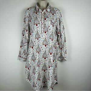 Lands End Women’s Christmas Tree Print Flannel Nightshirt sz L Holiday Cozy Warm